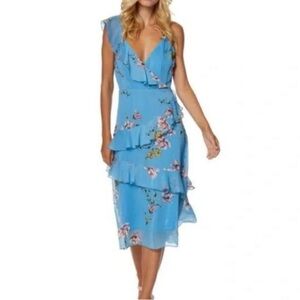 Avec Les Filles Floral Cascading Ruffle Midi Asymmetrical Dress Cerulean Blue